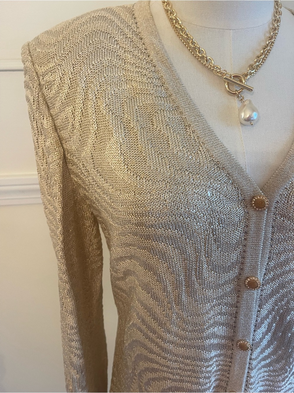 St. John Metallic Cream V-Neck Button Front Cardigan